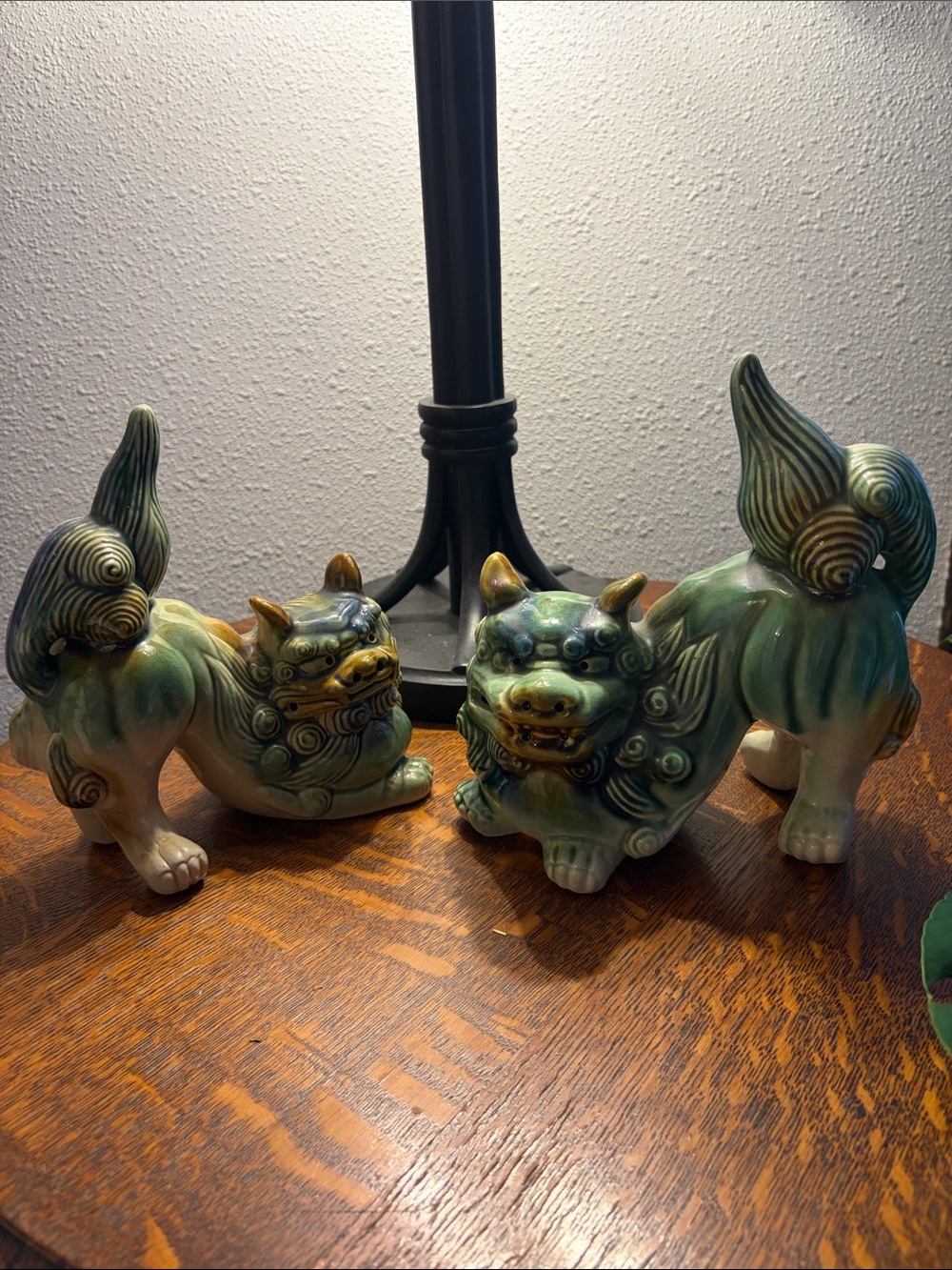 Green Ceramic Foo Dog Statues - Decorative Home Art Pair